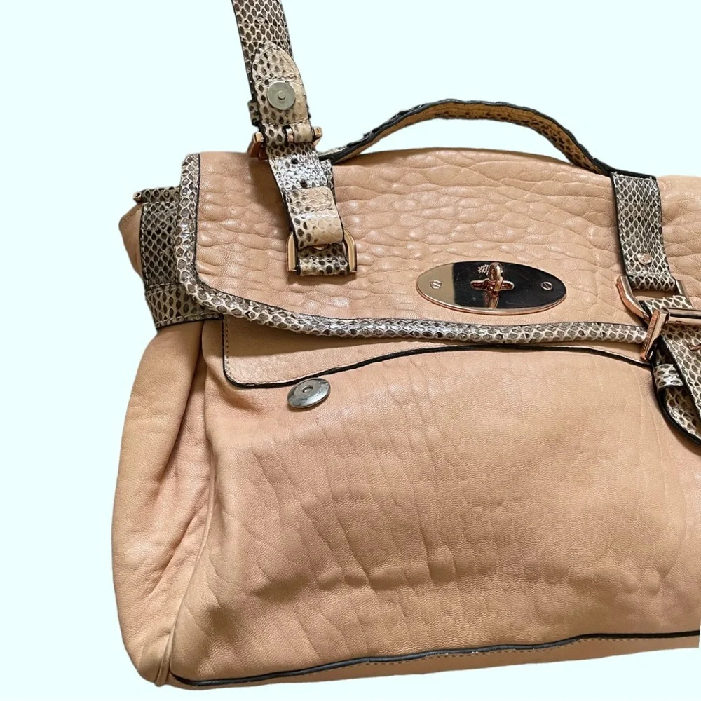Mulberry Beige Leather Satchel with Snakeskin-Trim
